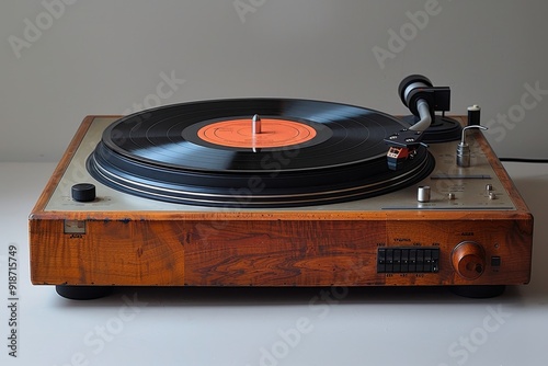 Vintage wooden turntable with vinyl record player on white background, retro audio equipment