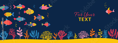 Underwater sea fish abstract cartoon banner. Ocean coral reef, marine or aquarium seaweed childish background. Abstract naive design, undersea seascape mockup space for your text, vector illustration