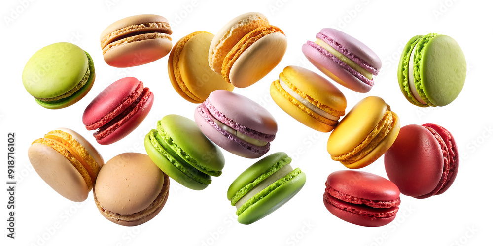 Assorted Macarons in Air Isolated for Graphics on Transparent Background Assorted Macarons in Air Isolated for Graphics on Transparent Background