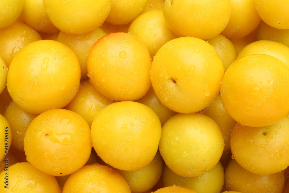 Many fresh plums with water drops as background, top view Many fresh plums with water drops as background, top view