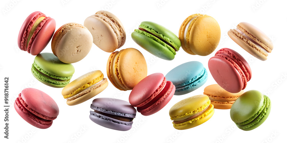 Assorted Macarons in Air Isolated for Graphics on Transparent Background