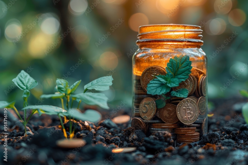 Financial growth with coins in jar and alarm clock on nature background, saving, investment concept Financial growth with coins in jar and alarm clock on nature background, saving, investment concept
