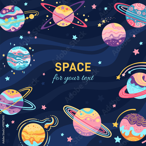 Space background banner with fantasy planets. Abstract galaxy template backdrop with planets cartoon design. Fantastic cosmos, celestial space spheres planet art. Vector design isolated illustration