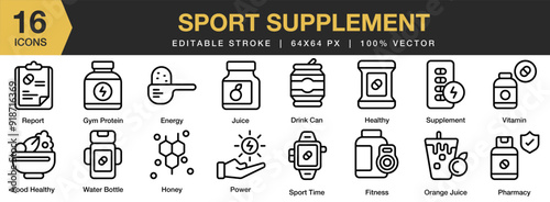 Sport supplement icon set. Editable Stroke Icon Collection. Includes drink can, energy, fitness, food healthy, gym protein, honey, and More. Outline icons vector collection.