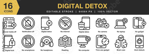 Digital Detox icon set. Editable Stroke Icon Collection. Includes brain care, digital detox, digital lock, don't disturb, no camera, no gadget, and More. Outline icons vector collection.
