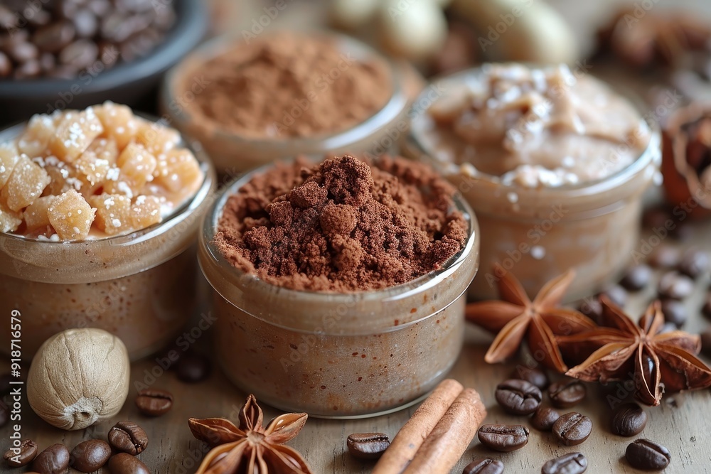 Homemade coffee scrub in a white jar with face and body spa care ingredients for effective skincare Homemade coffee scrub in a white jar with face and body spa care ingredients for effective skincare
