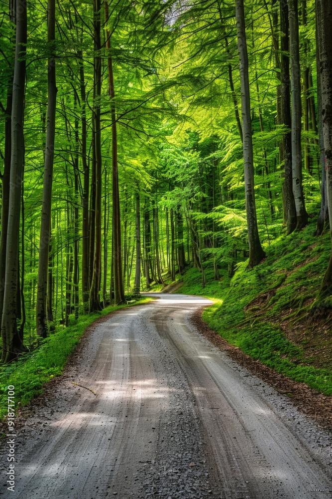 Fototapeta premium A winding dirt road surrounded by dense forest trees and foliage
