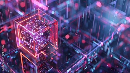 Abstract Digital Cube with Neon Lights