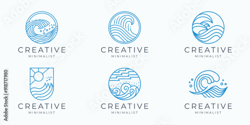 set of minimalist ocean wave logo monoline design inspiration.