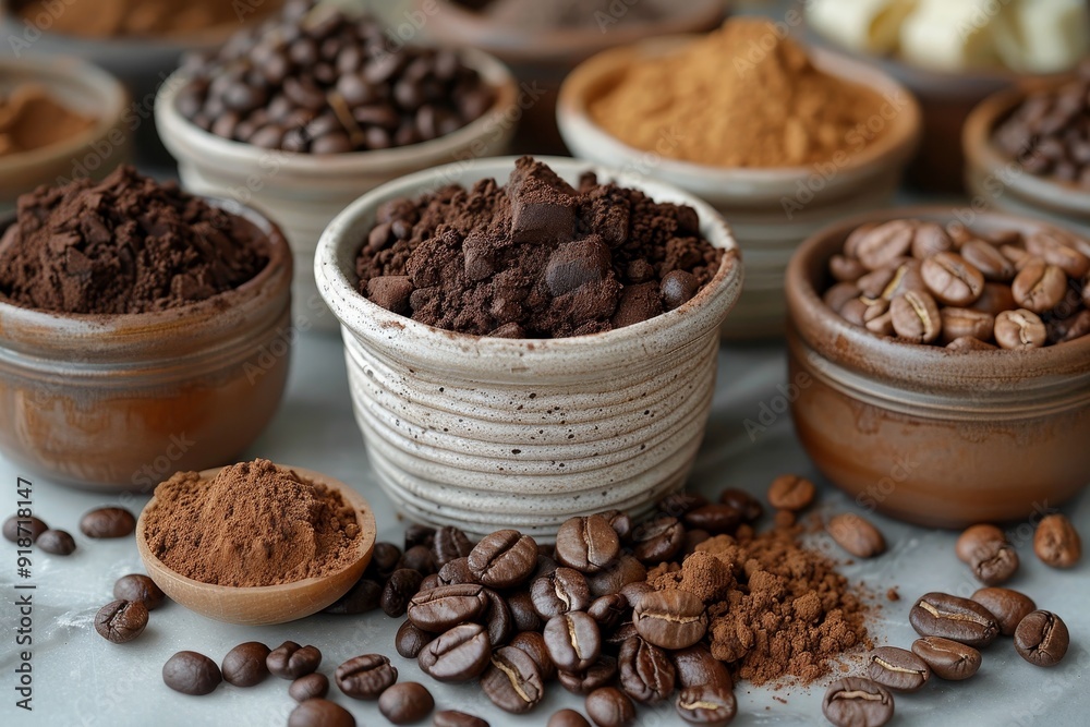Homemade coffee scrub in white jar with face and body spa care ingredients for skincare routine Homemade coffee scrub in white jar with face and body spa care ingredients for skincare routine