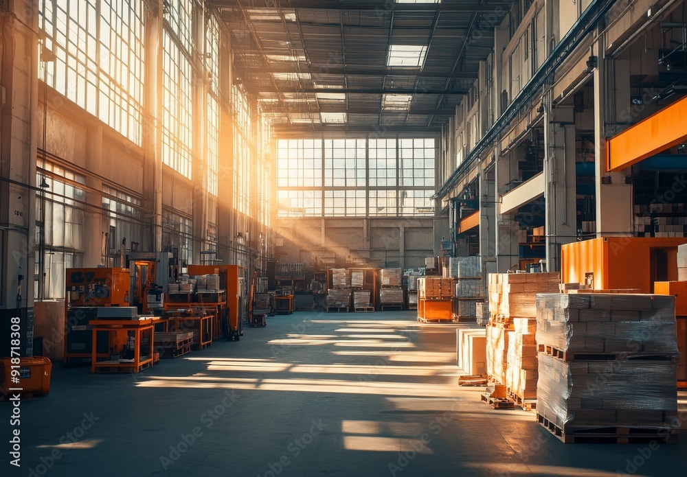 A big bright warehouse with high ceilings and large windows filled with various equipment and a pallet of goods in a professional business setting, clean shot
