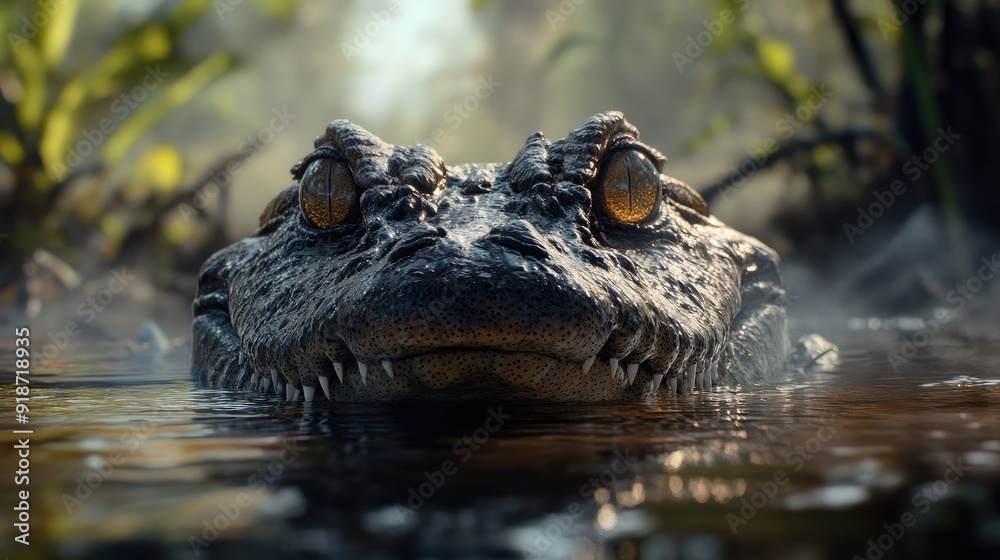 Fototapeta premium A close-up of a crocodile emerging from the water, its eyes and nostrils just above the surface, with a murky swamp background.