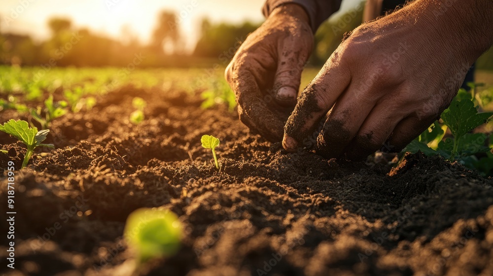A close-up of a farmer hands planting seeds in rich soil, with the sun shining down on the fruitful land. A close-up of a farmer hands planting seeds in rich soil, with the sun shining down on the fruitful land.