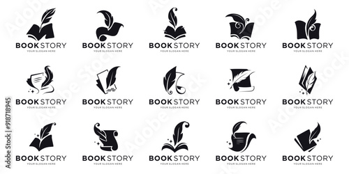 mega bundle of book story feather logo design. note and quill logo design collection.