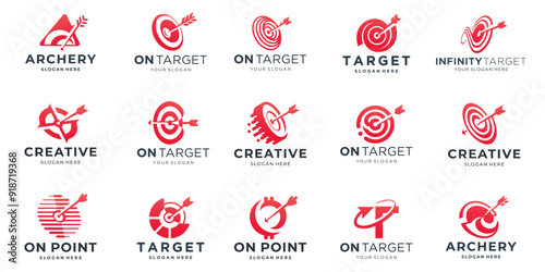 set of target arrow on bullseye logo design. target, on point, red bullseye design inspiration.