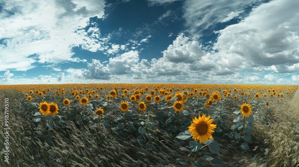 Fototapeta premium A panoramic view of a sunflower field on a windy day, with the flowers swaying in unison and the clouds moving swiftly across the sky.