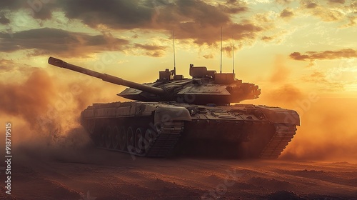 A modern military tank rolling through a dusty battlefield, with a dramatic sky overhead and the sun setting in the distance. photo