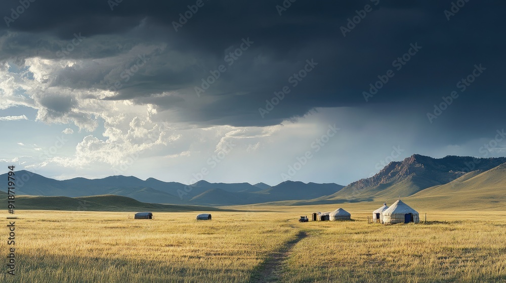 Obraz premium A wide landscape of Mongolia vast steppe, with nomadic yurts scattered across the plains and distant mountains under a dramatic sky.