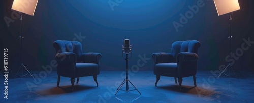 two chairs and microphone in the middle, podcast studio background