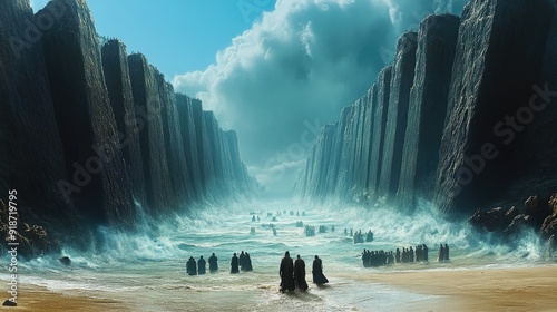 A wide shot of Moses leading the Israelites through the parted Red Sea, with towering walls of water on either side. photo