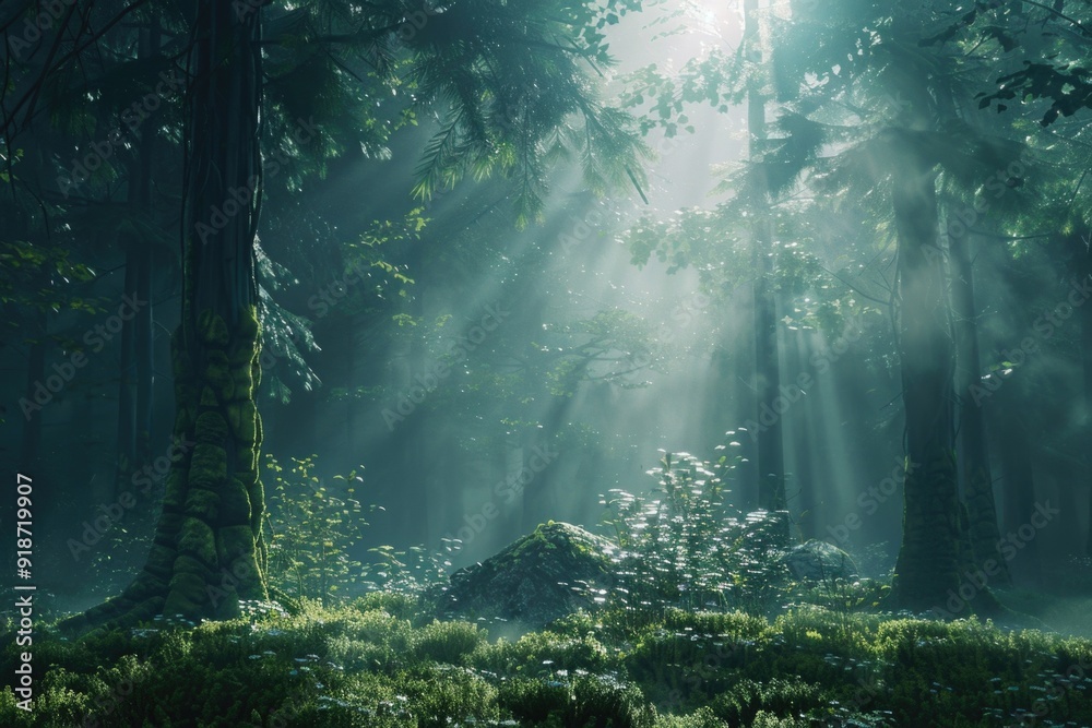 Fototapeta premium A serene scene of sunlight shining through the trees in a forest, ideal for use in nature-inspired designs or as a background element