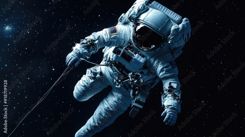 An astronaut spacewalking outside a spacecraft, tethered to the ship with the endless black void of space as the backdrop. An astronaut spacewalking outside a spacecraft, tethered to the ship with the endless black void of space as the backdrop.