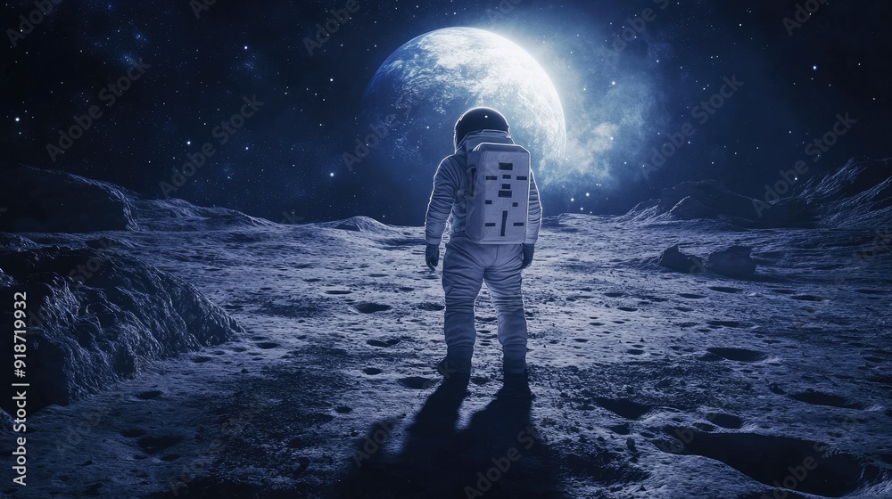 An astronaut standing on the moon surface, with Earth visible in the distant sky and the lunar landscape bathed in soft sunlight. An astronaut standing on the moon surface, with Earth visible in the distant sky and the lunar landscape bathed in soft sunlight.