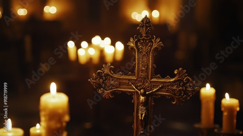 Close-up of a golden cross adorned with intricate carvings, surrounded by flickering candles in a dimly lit church.