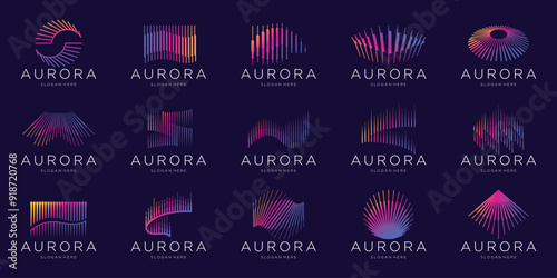 set of minimalist aurora logo big bundle with gradient modern color branding on dark background.