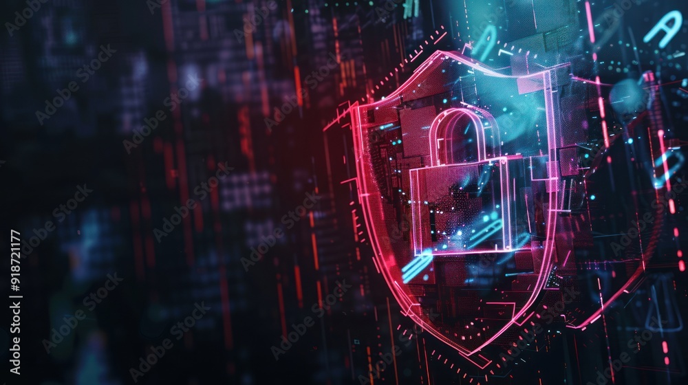 Fototapeta premium Digital Shield with Padlock, Neon Lights and Abstract Background