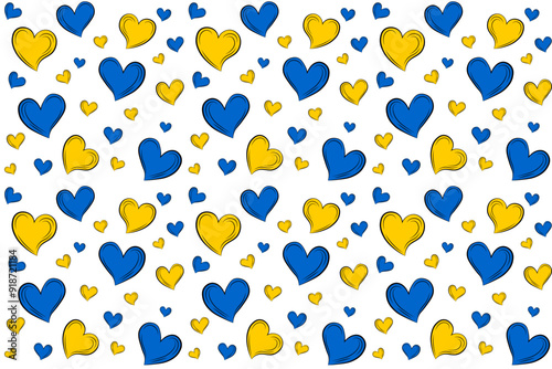 Pattern of blue and yellow hearts on a transparent background. Concept of love, unity, and support Ukraine. Perfect for Independence day Ukraine. Vector illustration