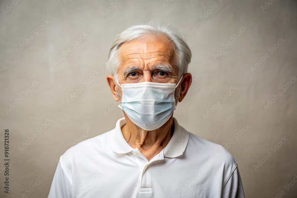 Elderly gentleman wearing a white casual top and medical face mask stands against a soft, neutral background, conveying a sense of caution and serenity. Elderly gentleman wearing a white casual top and medical face mask stands against a soft, neutral background, conveying a sense of caution and serenity.