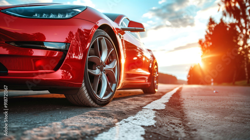 low angle view of a modern red car on road