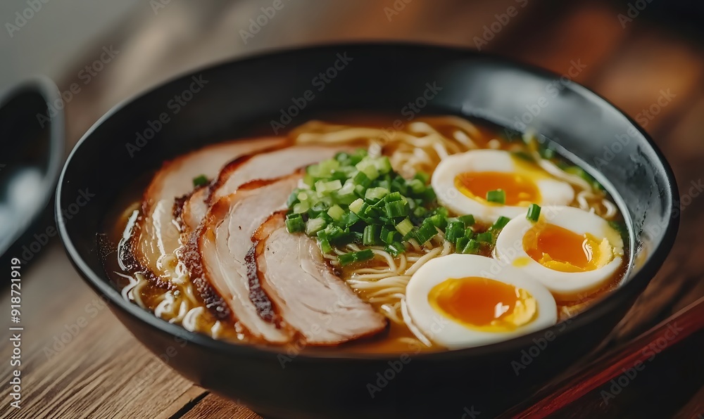 Japanese tonkotsu ramen topped with chashu and egg, Generative AI Japanese tonkotsu ramen topped with chashu and egg, Generative AI
