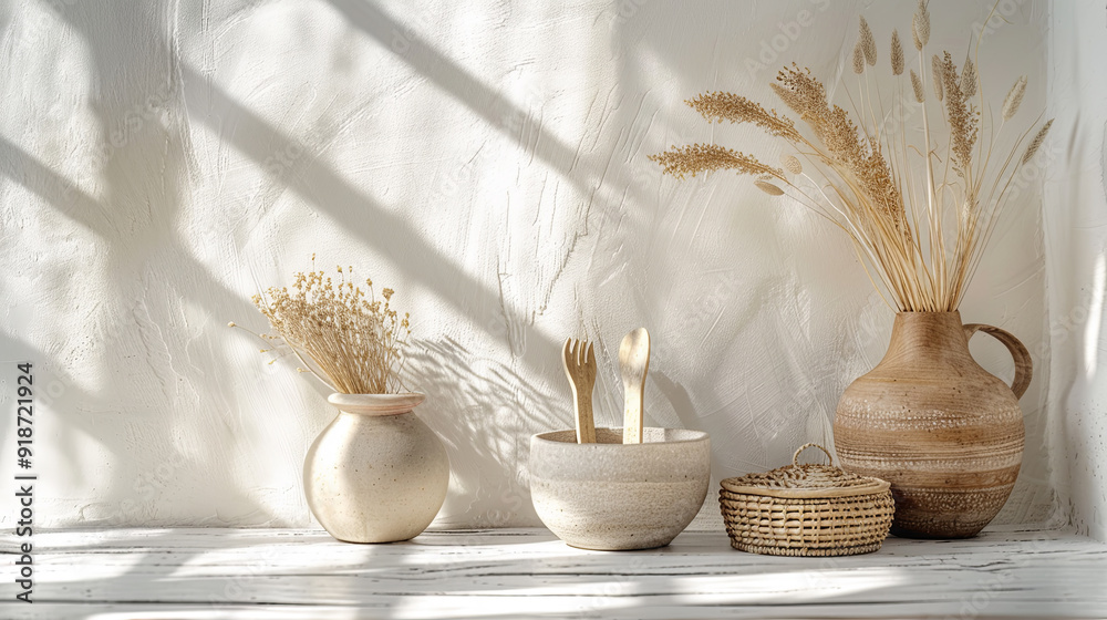 Admire the elegance of handmade crafts displayed on a clean, white wooden surface. With soft natural light highlighting the textures of a woven basket, carved wooden spoons, and earthy pottery Admire the elegance of handmade crafts displayed on a clean, white wooden surface. With soft natural light highlighting the textures of a woven basket, carved wooden spoons, and earthy pottery