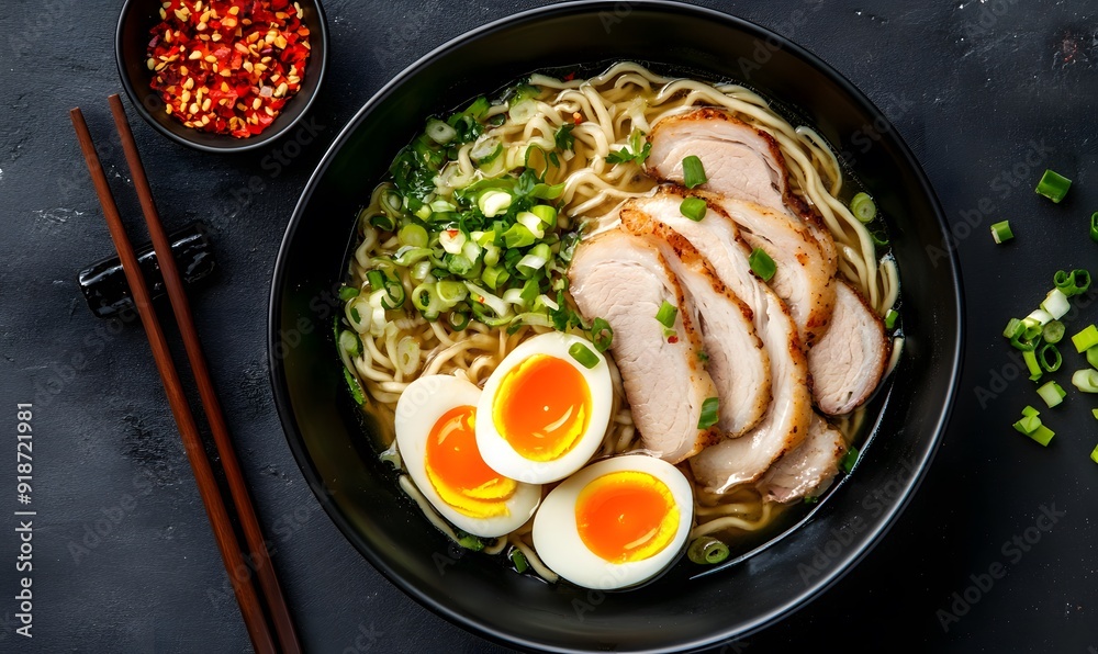 Japanese tonkotsu ramen topped with chashu and egg, Generative AI Japanese tonkotsu ramen topped with chashu and egg, Generative AI