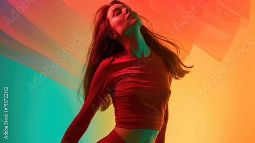 A woman posing for a photo wearing a bright red top and likely smiling for the camera