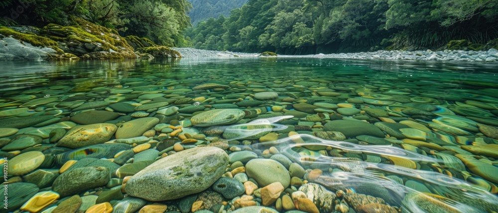 Fototapeta premium A pristine river with transparent water revealing the pebbles and stones beneath, framed by a lush, green landscape 