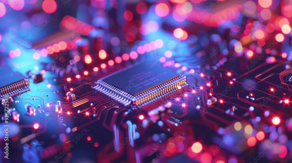 Obraz premium Close-Up of a Circuit Board with Glowing Red and Blue Lights