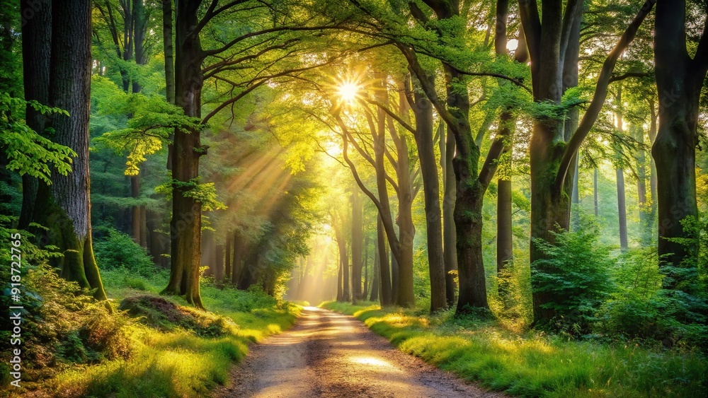 Fototapeta premium Serene winding dirt path surrounded by lush greenery and towering trees, dappled with sunlight, invites exploration in a tranquil forest landscape.