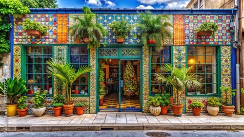 Vibrant Cuban store facade on 8th Street in Miami, featuring colorful tiles, tropical plants, and lively Latin American decor, evoking cultural heritage and warmth.