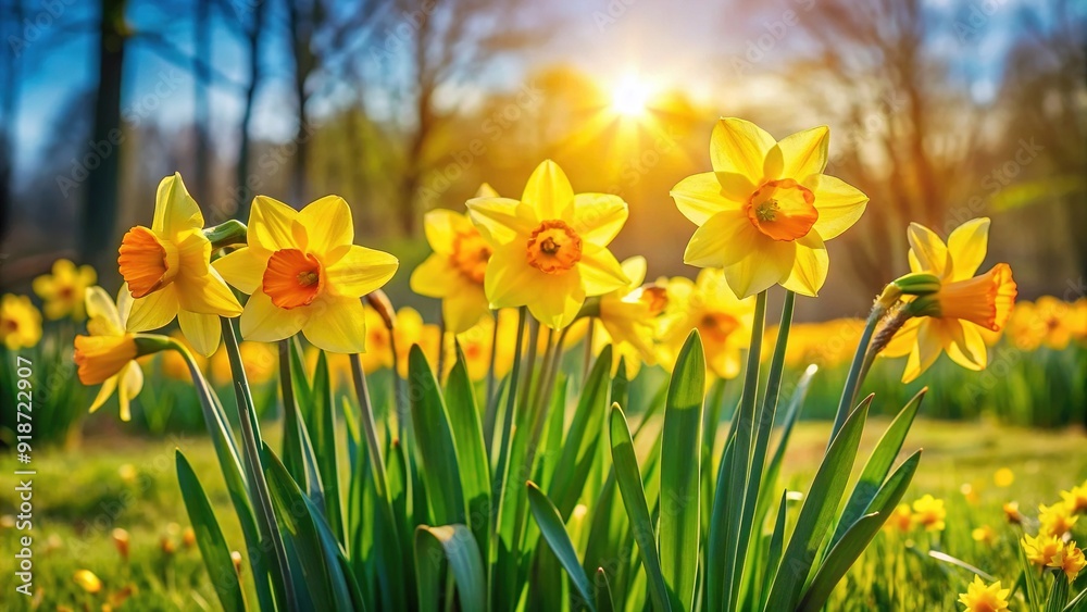 Vibrant yellow daffodils bloom amidst lush green grass in a picturesque meadow, heralding the arrival of spring with their bright, trumpet-shaped flowers. Vibrant yellow daffodils bloom amidst lush green grass in a picturesque meadow, heralding the arrival of spring with their bright, trumpet-shaped flowers.
