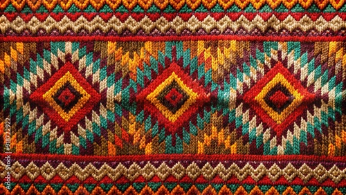 Vibrant Aztec-inspired tribal motif repeats seamlessly on a warm, chunky wool knitted background, evoking ancient cultural heritage and cozy, earthy textures.