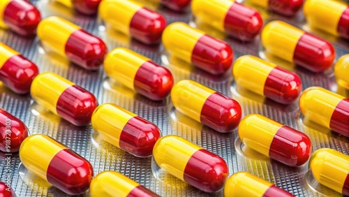 Vibrant yellow and red capsules arranged side by side on a compact medicine blister, highlighting pharmaceutical detail and bright color contrast in a macro view.