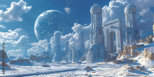 Futuristic city with towering structures adorned with Enochian symbols and glyphs from the Book of Thoth This represents a future shaped by knowledge derived from both systems