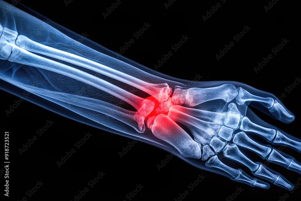 Detailed X-ray image of a forearm showing a severely fractured ulna and ...