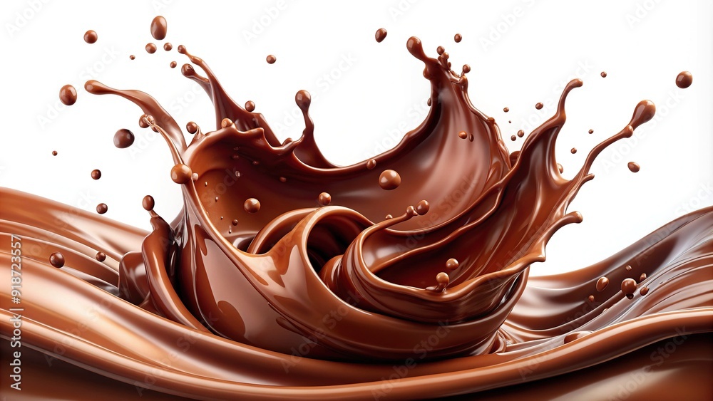 Rich, velvety brown liquid splashes and flows against a pristine white background, capturing the dynamic movement and luxurious texture of decadent chocolate in motion. Rich, velvety brown liquid splashes and flows against a pristine white background, capturing the dynamic movement and luxurious texture of decadent chocolate in motion.