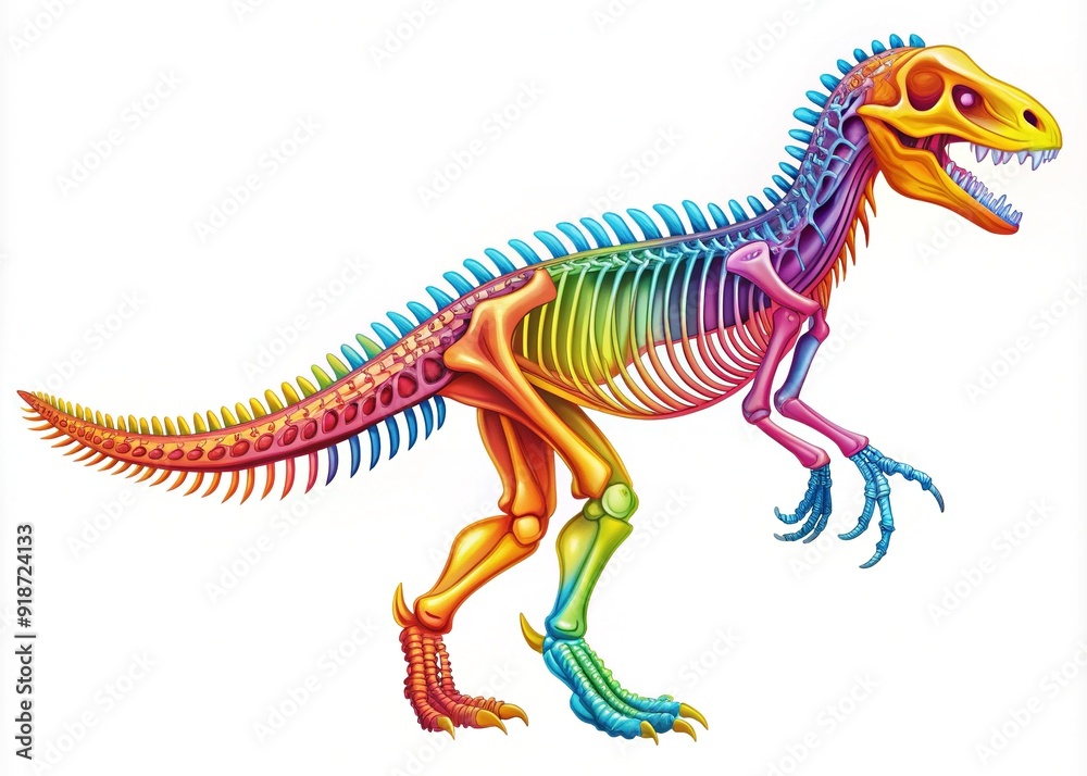 Fototapeta premium Vibrant illustration of an Allosaurus skeleton flashcard in a side view, bringing prehistoric wonders to life for kids, sparking curiosity and dino-mite learning experiences.
