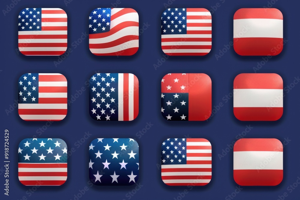 A collection of American flag buttons on a blue background A collection of American flag buttons on a blue background