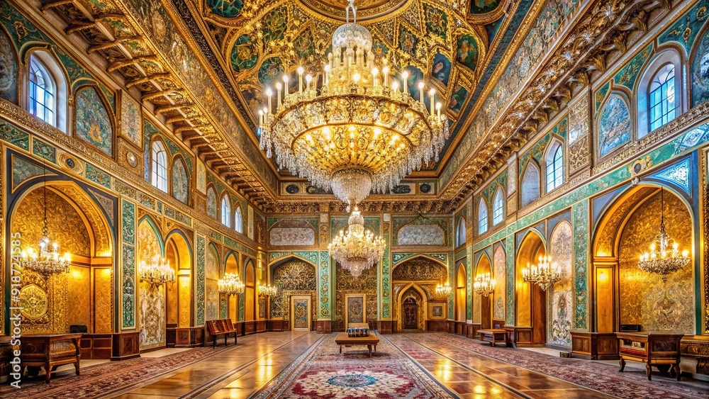 Obraz premium Opulent hall in Golestan Palace, Tehran, Iran showcases intricate ceiling design, majestic chandeliers, and ornate details, exuding historical elegance and luxury.